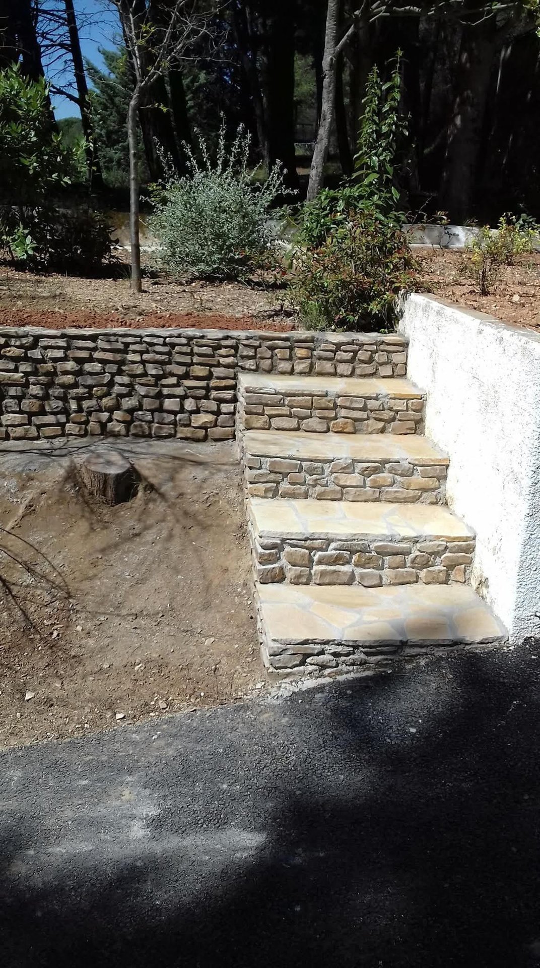 Escalier extérieur en pierres naturelles avec mur de soutènement terminé – après travaux
