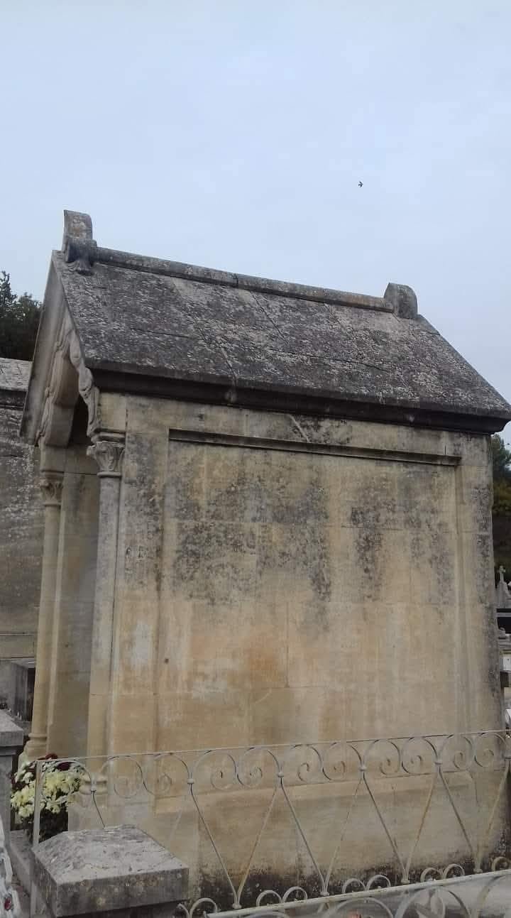 Monument funéraire encrassé avec dépôts noirs et lichens sur la pierre – avant sablage